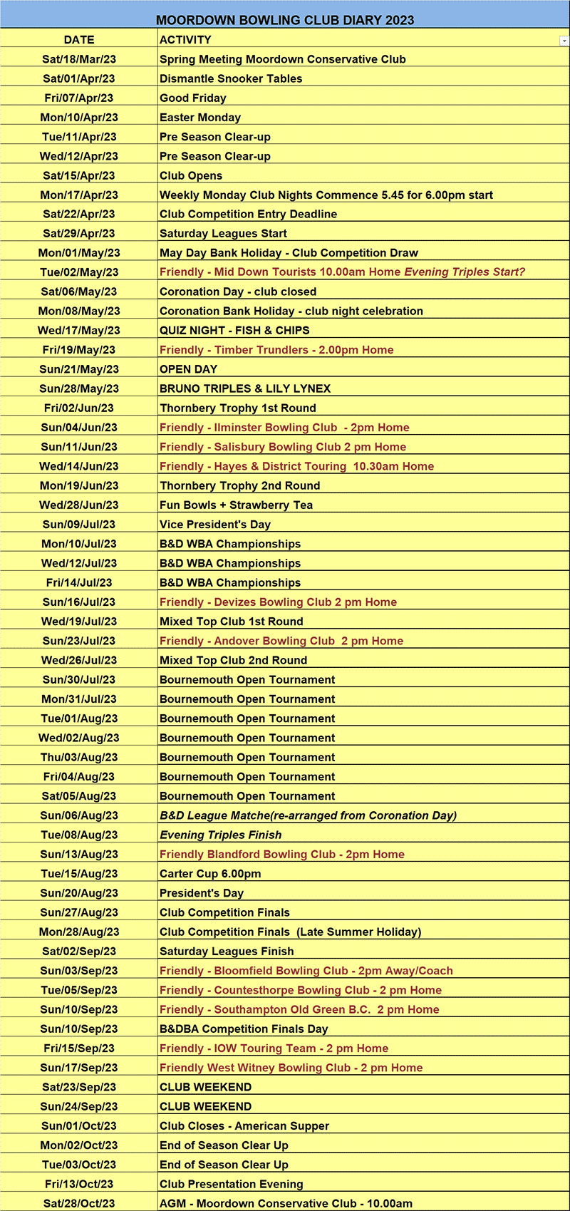 Club Diary 2023 - Moordown Bowling Club