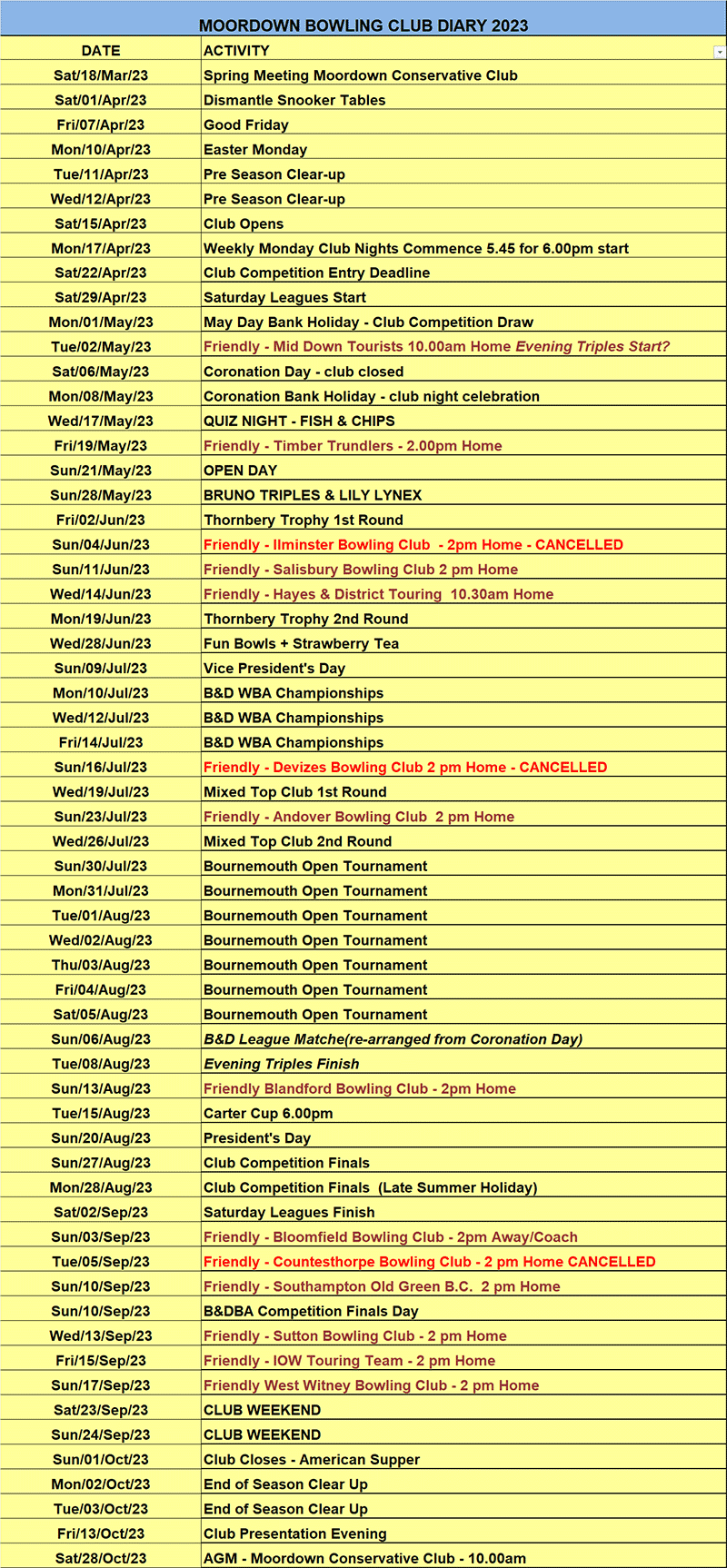 Club Diary 2023 - Moordown Bowling Club