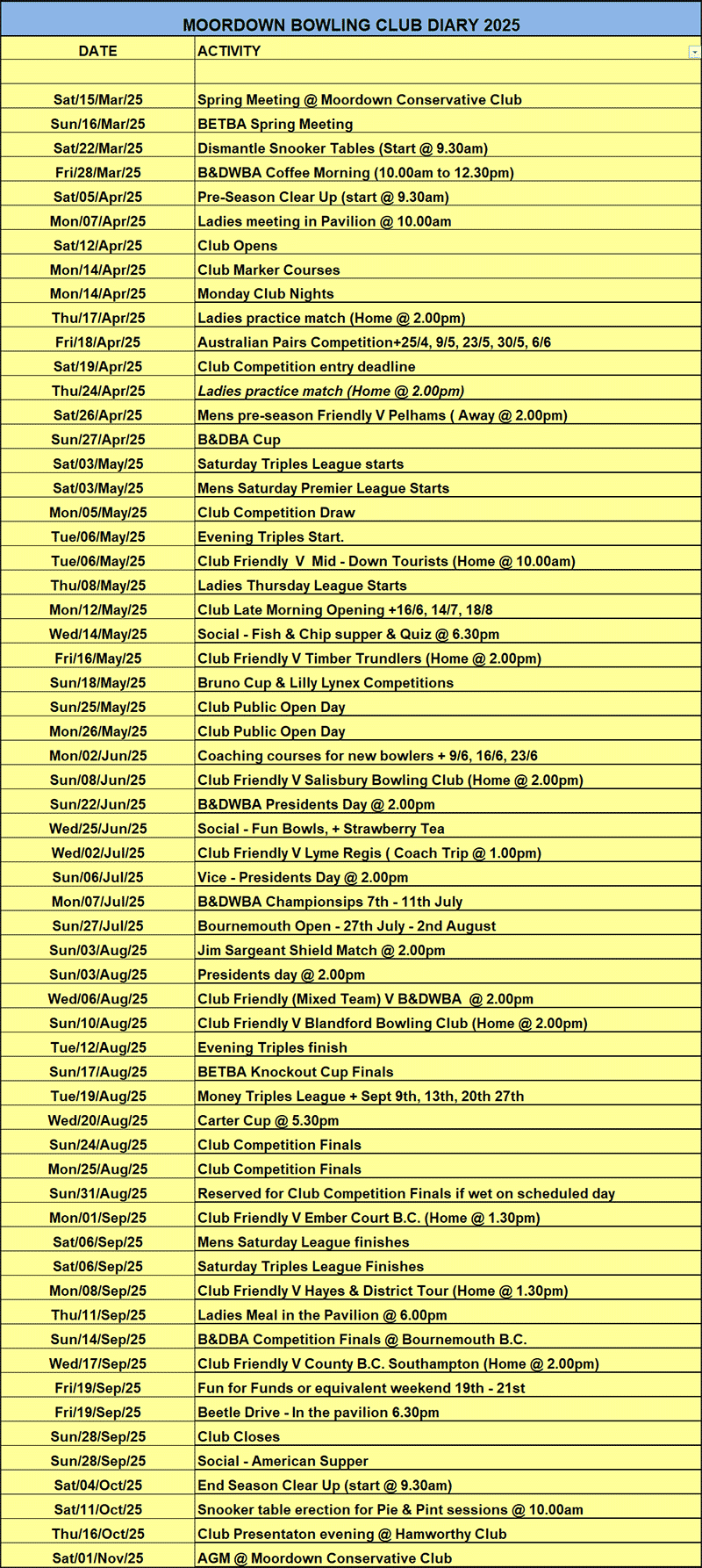 Club Diary 2025 - Moordown Bowling Club