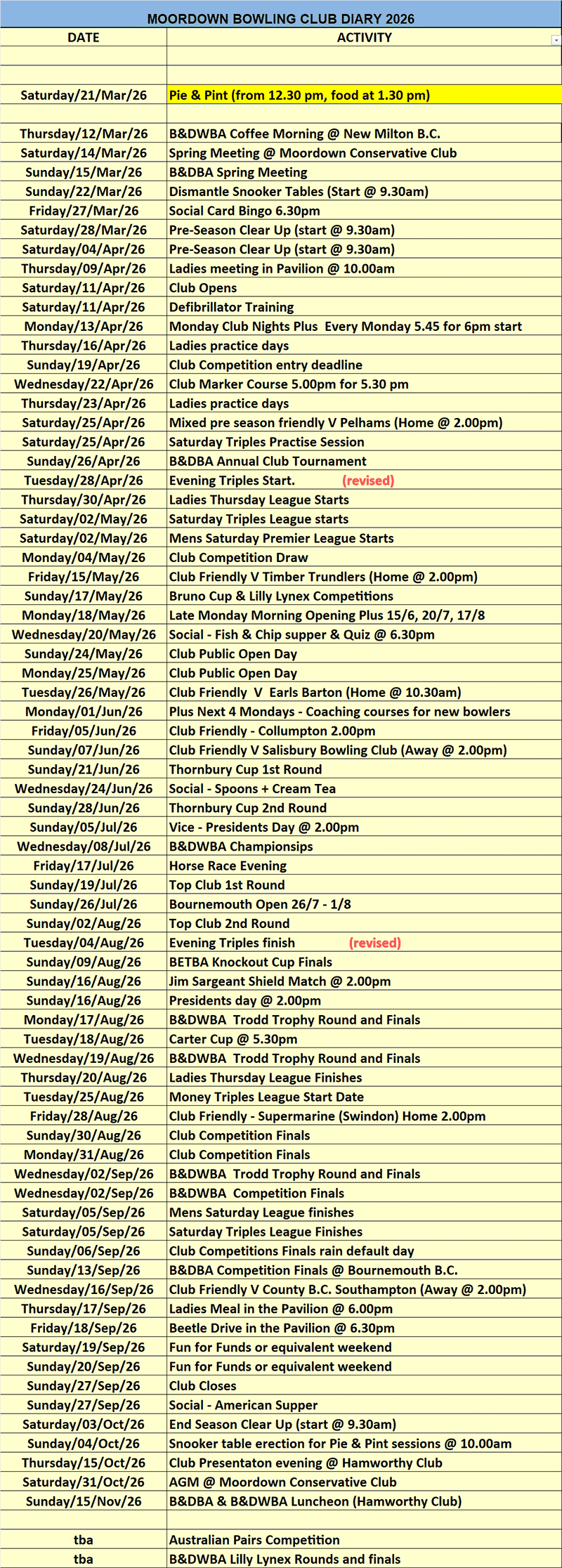 Club Diary 2026 - Moordown Bowling Club